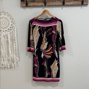 Vintage 2000’s Ali Ro Black Mini Dress with Pink & Tan Botanical Motif